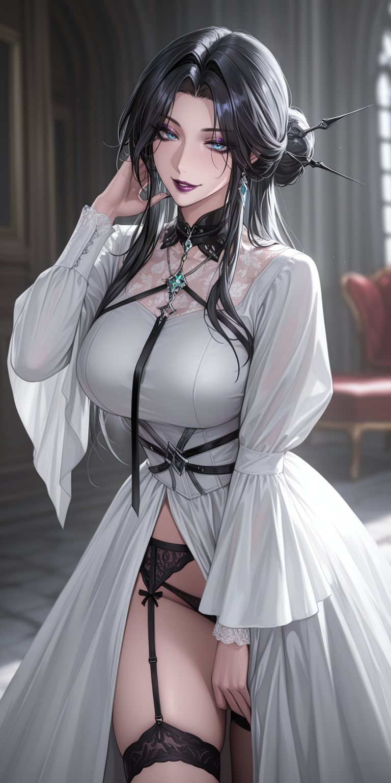 1girl, solo, long hair, looking at viewer, dress, green eyes,garter_belt, ,gothic scenery, black hair,gothic makeup, hair_intakes, hair bun ,best, quality,masterpiece,amazing quality,very aesthetic,high resolution,ultra-detailed,,depth of field,volumetric lighting ,highly detailed,best quality,8k,best quality, very aesthetic, ultra-detailed, newest,BREAK, depth of field, masterpiece, amazing quality, high resolution, absurdres, newest, red eyessmirk,best,quality,masterpiece,amazing quality,very aesthetic,high resolution,ultra-detailed,,depth of field,volumetric lighting ,highly detailed,best quality,8k,best quality, very aesthetic, ultra-detailed, newest,BREAK, depth of field, masterpiece, amazing quality, high resolution, absurdres, newest, path to nowhere,Baddie, game cgi, from front