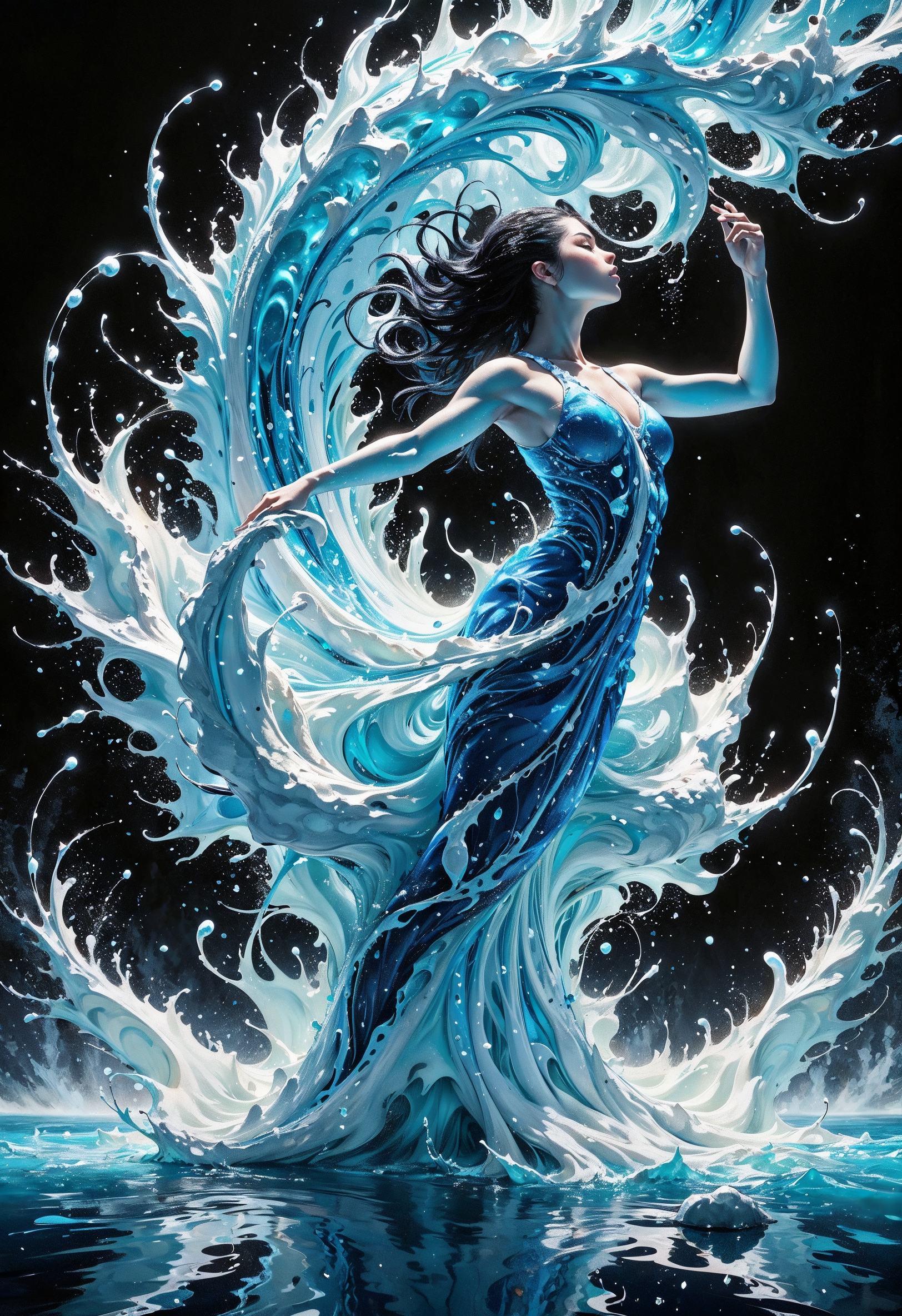 (in Otomo Katsuhiro style:1.2), high-quality, masterpiece, A dancer mid-leap, her body made entirely of swirling water, as droplets break away from her form in slow motion, the scene captured in perfect clarity, Style is Fluid and dynamic, Lighting is High contrast with shimmering highlights, Water textures, motion freeze, fluid distortion, dynamic composition, (hyperdetailed:1.1), (intricate details:1.0), (Refined details:1.1), (best quality:1.1), (high resolution:1.2)