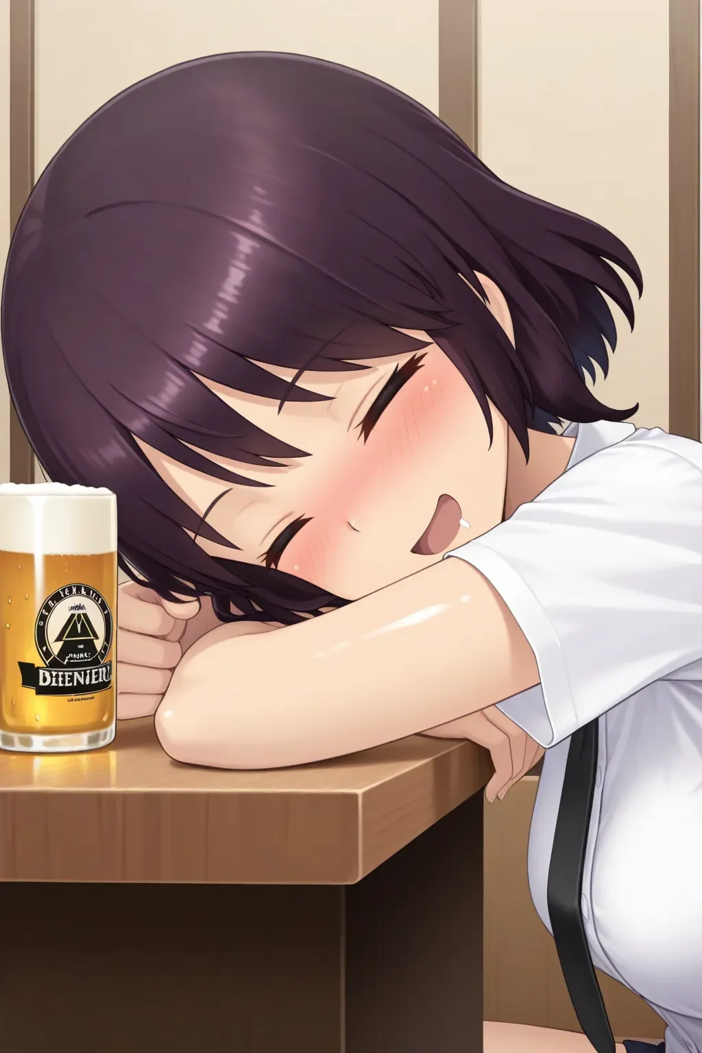 masterpiece, best quality, alicegear_serina_ilxl <lora:alicegear_serina_ilxl:0.85>1girl, solo, smile, looking at viewer, shiny skin, Izakaya, indoor, blush, open mouth, white shirts, sitting, beer, black tie, closed eyes, screaming, Being drunk, holding beer, sleep, Drooling, head on desk