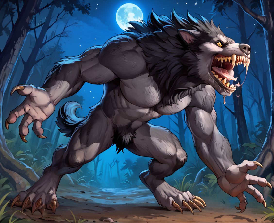 score_9, score_8_up, score_7_up, score_6_up, source_monster, BREAK, 
creepy forest, night time, stars, moon, spread arms, roar, spittle, open mouth, drool, saliva, saliva strand, full body,
w3rewolf, werewolf, monster, muscular, sharp teeth, yellow eyes, black scelra, claws, digitgrade, tail, mottled skin, pitch black fur
<lora:Werewolf for PonyXL:0.5>, <lora:Jarnqk_artist_style:0.25>, <lora:lycosa-15:0.5>, <lora:SollyzStyle:0.25>, <lora:Showkaiser_v2_Style_PonyXL_r1:0.5>