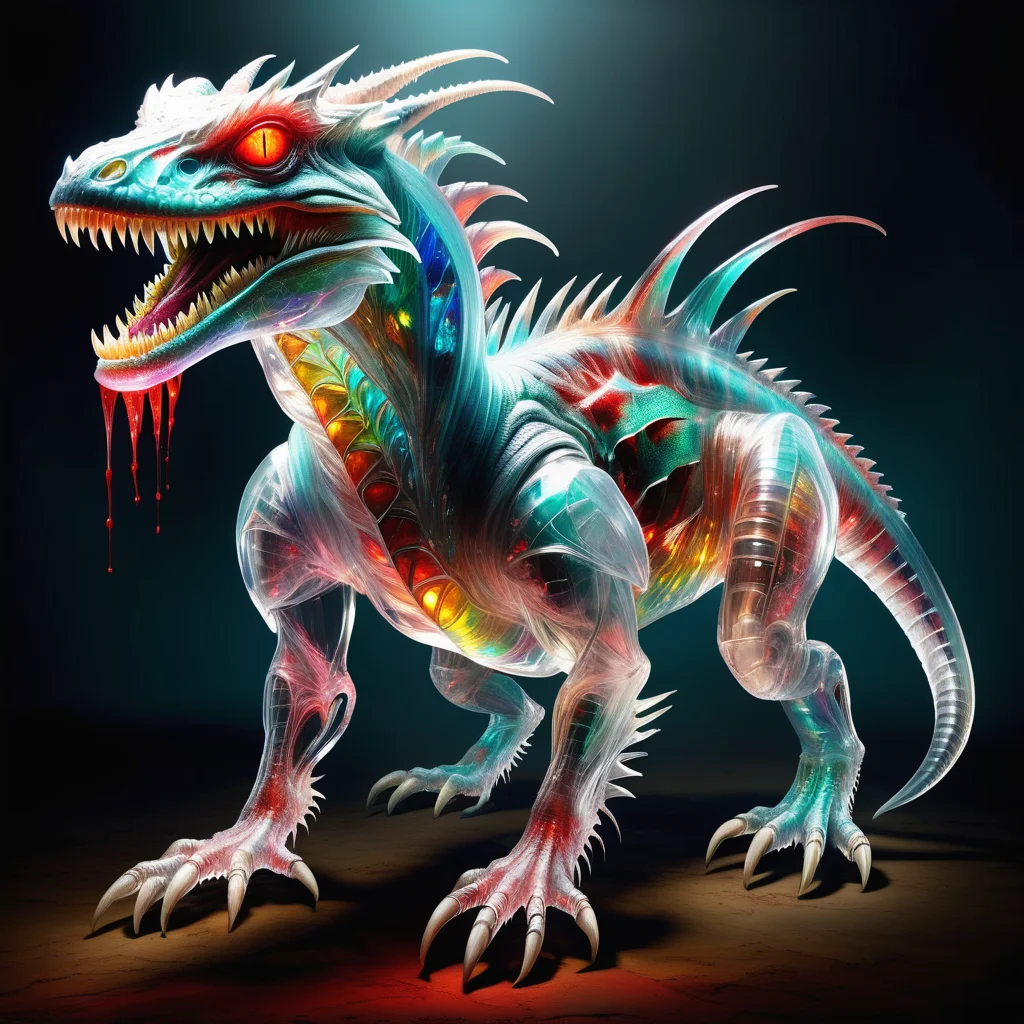 hyper detailed masterpiece, dynamic, awesome quality,DonMSp3ctr4lXL,transluscent chupacabra, medium-sized creature, reptilian like appearance, leathery skin, pronounced quills along its back, clawed feet and hands, bipedal creature, fangs for blood sucking, menacing eyes, stand upright ears, <lora:DonMSp3ctr4lXL:1>