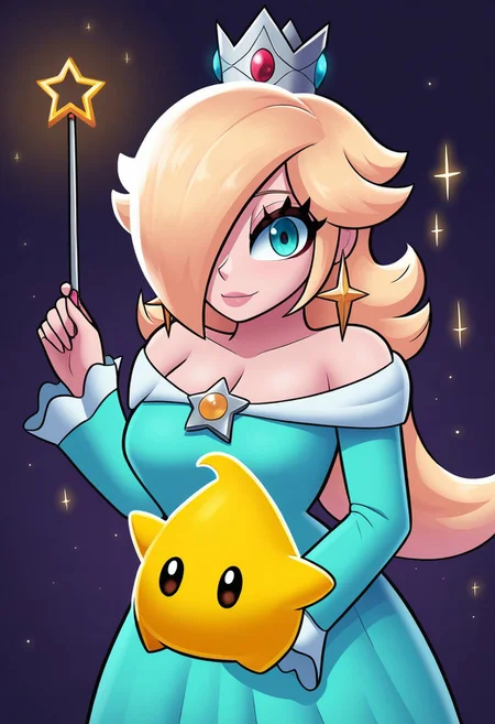 masterpiece, absurdres, highres, 4k, 2d, 1girl, rosalina, nintendo, mario \(series\), blonde hair, hair over one eye, crown, aqua eyes, long hair, star earrings, aqua dress, long sleeves, strapless dress, bare shoulders, jewelry, looking at viewer, light smile, luma \(mario\), cowboy shot, space, holding wand, floating, planet