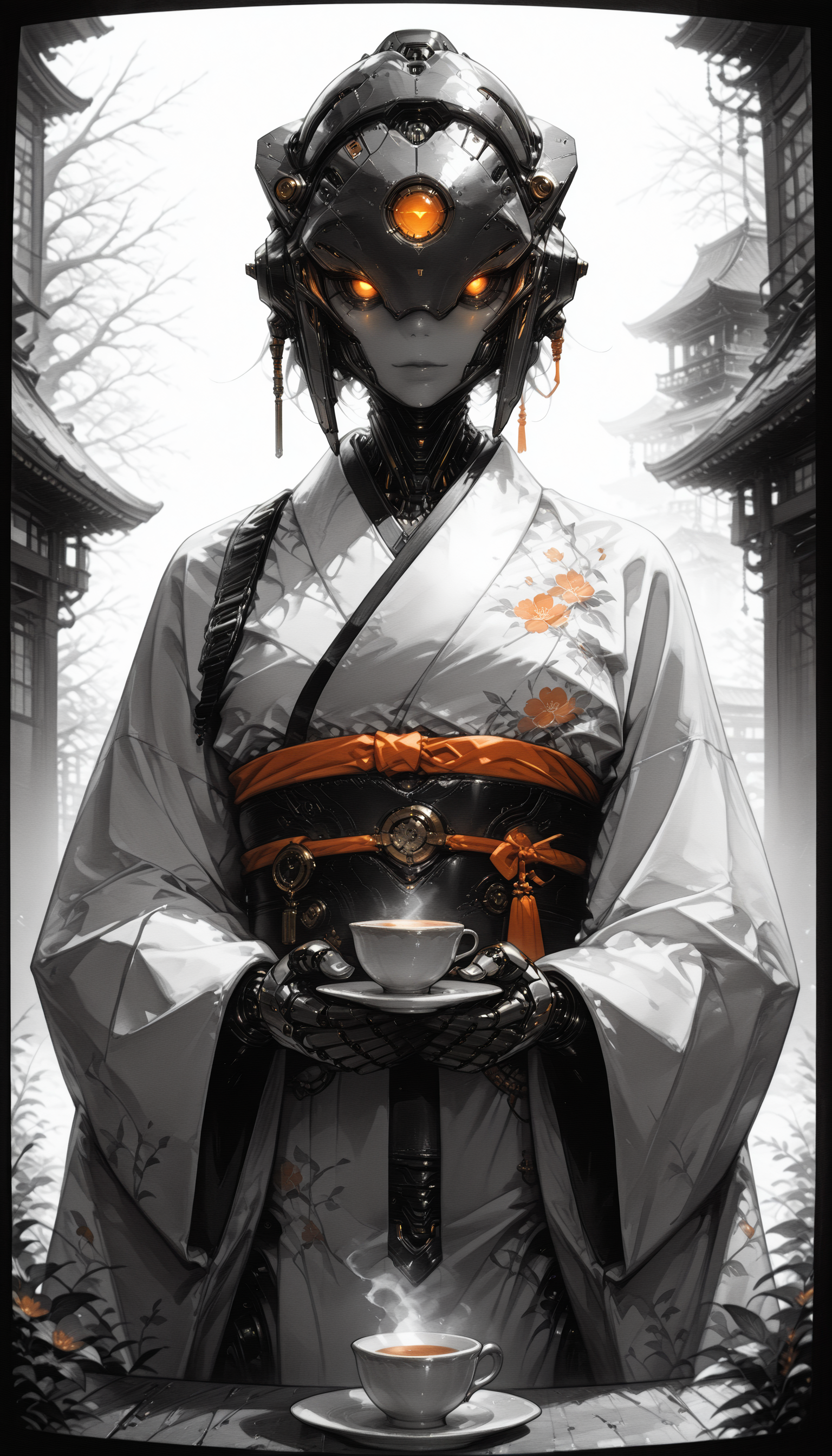 An4chr0t3ch,, covered eyes, headgear,, GothTV,scanlines,black border,, GothTV,scanlines,black border,monochrome,greyscale masterpiece, best quality, good quality, very aesthetic, absurdres, newest, 8K, depth of field, focused subject,   A vivid portrayal of a humanoid robot with a futuristic design, set against a backdrop of a traditional Japanese setting. The robot's head is adorned with a sleek, metallic helmet featuring glowing orange eyes, giving it an otherworldly and advanced appearance. It holds a steaming cup of tea in its hands, suggesting a moment of relaxation or contemplation.  The composition should be a full-body shot, capturing the subject from the front to highlight the intricate details of the robot's design and the traditional kimono it wears. The kimono features a vibrant red and white color scheme, adorned with delicate floral patterns, creating a striking contrast with the robot's metallic and steampunk elements.  The setting is reminiscent of a serene, autumnal environment, with cherry blossom trees in full bloom. Their leaves are a brilliant orange-red, contrasting with the cool, misty atmosphere. Traditional Japanese architecture, including pagodas and torii gates, is visible in the background, all bathed in a soft, ethereal light.  The overall style of the image leans towards a blend of realism and fantasy, with a color palette dominated by warm tones of orange, red, and white, punctuated by the cool blues and grays of the robot's skin and the steampunk elements. The detailed shading and textured elements come together to create a visually striking and immersive image that captures the essence of a harmonious blend between traditional and futuristic elements. 1girl, solo, looking_at_viewer, holding, outdoors, japanese_clothes, day, wide_sleeves, kimono, cup, orange_eyes, glowing, robot, holding_cup, steam, glowing_eyes, science_fiction, teacup, android, joints, mechanical_arms, tea, saucer, robot_joints, humanoid_robot, holding_saucer, An4chr0t3ch,, covered eyes, headgear,, GothTV,scanlines,black border,, GothTV,scanlines,black border,monochrome,greyscale