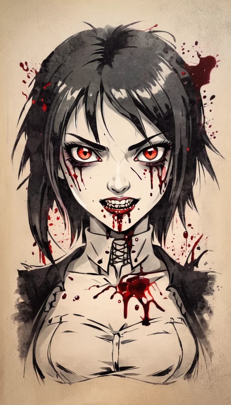 a drawing of a vampire anime girl with sharp teeth and glowing eyes and blood splatter <lora:Concept Art v1:1>