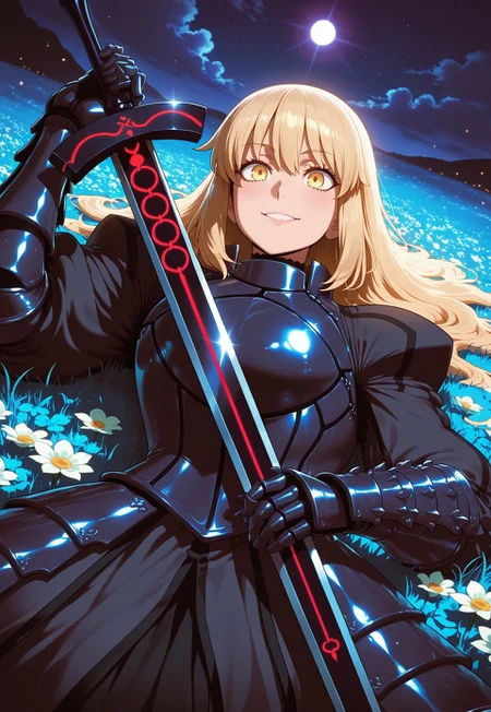 (masterpiece), (best quality), amazing quality, absurdres, (very aesthetic), light particles, scenery, ultra detailed, core_9,score_8_up,score_7_up, BREAK 
1girl, solo, saber alter, fate \(series\), yellow eyes, blonde hair, short hair, long hair, sidelocks, medium breasts, black armor, sword, hair down, armored dress, black dress, lying, gauntlets, on back, flower, field, smile, excalibur morgan (fate), sky, darkness, warm light, volumetric lighting, (light particles), [light particles], ambient atmosphere, (a detailed background), night sky, night, (backlighting), dynamic lighting, dynamic angle, sharp focus, distortion-free, illustration, BREAK
masterpiece,best quality,amazing quality, absurdres, intricate eyes, anatomically_correct_body, (detailed eyes), EyesHD, beautiful eyes, perfect eyes, detailed skin, year2024, year2023, ultra high resolution, 8K, UHD, HD, high contrast, (by nyantcha:0.5), (by takeuchi takashi:0.7), (by edjim:0.5), (by ratatatat74:0.5), (by niceufotable:0.7), (Afrobull:0.5), LDSCH Style, aesthetic, Illust_Synth, oyxehs