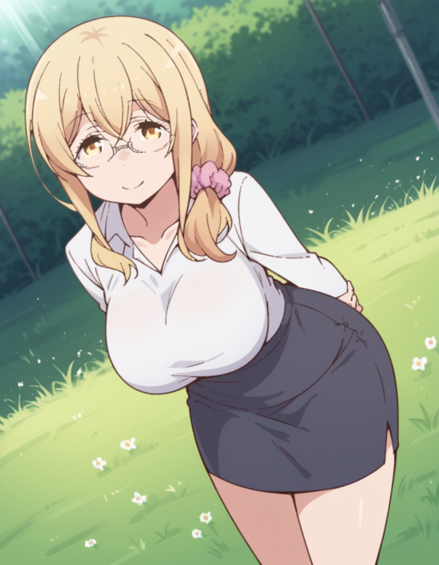 score_9, score_8_up, score_7_up, source_anime, <lora:ayaka-sunohara-s1-ponyxl-lora-nochekaiser:1>, ayaka sunohara, long hair, bangs, blonde hair, yellow eyes, mature female,, skirt, large breasts, shirt, long sleeves, glasses, scrunchie, pencil skirt, teacher, meadow, grass, flowers, open, sunlight, smile, hands behind back, bent over,, looking at viewer, solo,, dutch angle, cowboy shot
