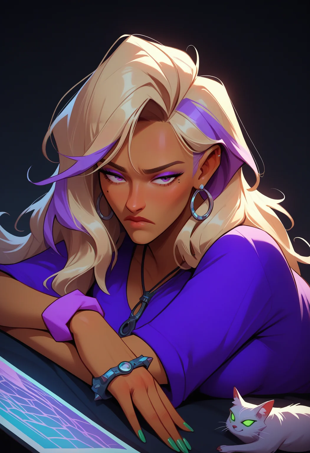 digital painting, all the other Pony quality tags, check the prompts! score_9, score_8_up, score_7_up, score_6_up, score_5_up, score_4_up,
<lora:DreamPallete:1> dr3am,
1girl, blonde hair, green nails, wrist scrunchie, cat, dark-skinned female, multicolored hair, computer, dark skin, on stomach, purple hair, scrunchie, shirt, laptop, long hair, lying, streaked hair, nail polish, jewelry, solo, earrings, black background, breasts, short sleeves, purple shirt, mole, frown