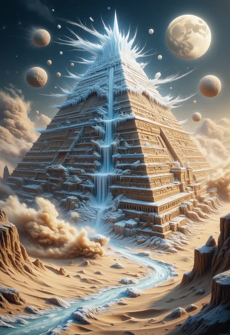 Sand and Ice Pyramid Ruins
In the heart of a vast desert, a colossal pyramid rises from the sands, its structure a blend of shimmering ice and windblown sand. The icy layers sparkle under a pale moon, while the sand flows like liquid, covering ancient carvings etched into the pyramidâs sides. At its peak, a glowing orb hovers, casting a cold, ethereal light over the desert. Surrounding the pyramid, swirling sandstorms mix with falling snowflakes, creating a mesmerizing interplay of fire and ice. ral-sand, ral-faize, aidmaMJ6.1