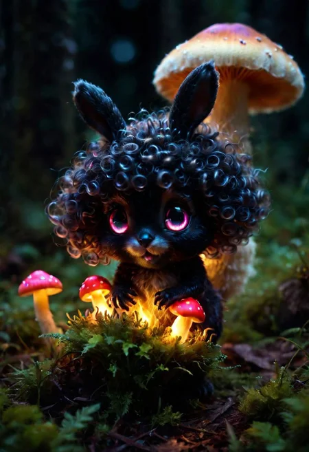 Mix the glowing-mushrooms, bunny and curly fur to create adorable black magical creature with big glowing eyes, masterpiece, Surrealism, close-up, macro photo, f/1.2, backlighting, Albert Edelfelt, multicolored hair