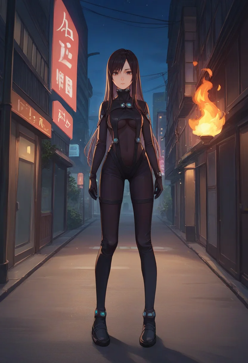 score_9, score_8_up, score_7_up, source_anime, solo, 1girl, shimohira reika, expressionless, looking at viewer, standing, black bodysuit, black gloves, night, outdoors, fire, city street <lora:gantz_shimohira_ponyXL:1>