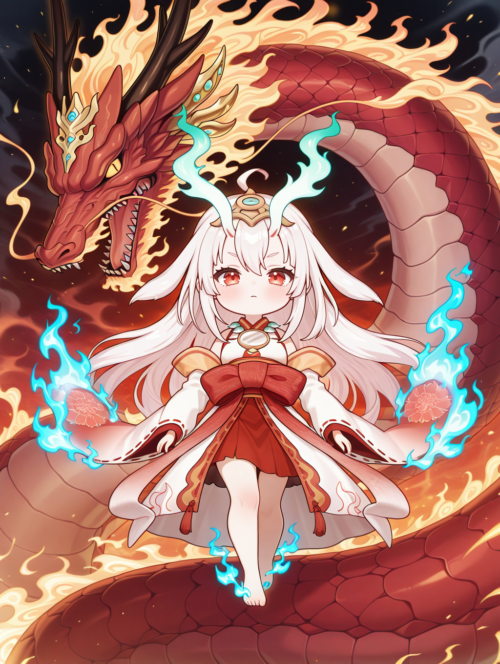 oni girl, kurikara divincarnate, 1girl, red eastern dragon, chibi, solo, closed mouth, barefoot, blue fire, blush, looking at viewer, white ribbon-trimmed sleeves, white sleeveless kimono, gold headpiece, mirror necklace, red bow, red hakama, 1other, floating
masterpiece,best quality,amazing quality,very aesthetic,absurdres,newest,<lora:Kurikara Divincarnate illuXL v1:0.84>,
