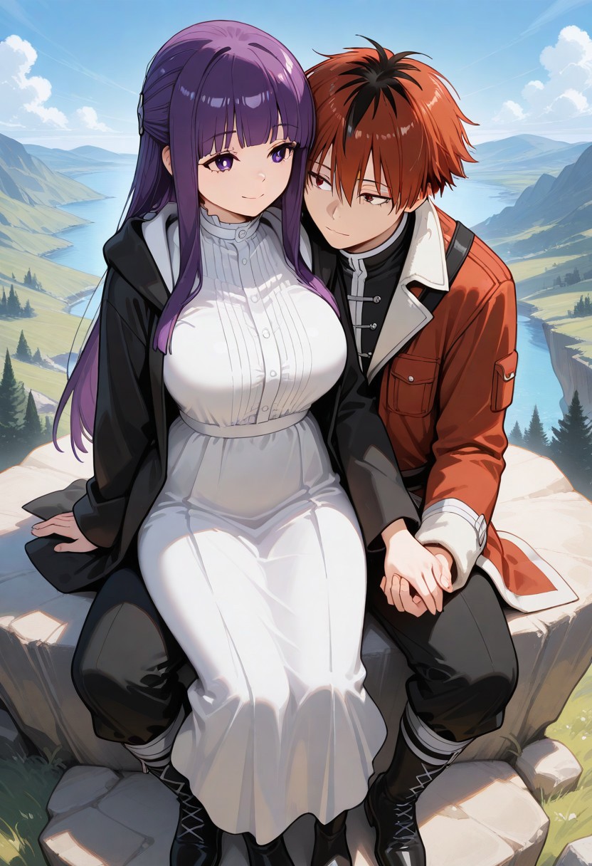 masterpiece, by piaki,  best quality, very detailed, 
1 girl, Fern \(Sosou no frieren\), purple hair, long hair, purple eyes, large breasts, 
1 boy, Stark \(Sosou no frieren\), red hair, 
Outdoors, sitting on the edge of a cliff, 
Holding hands, heads against eachother, happy,
