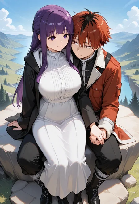 masterpiece, by piaki,  best quality, very detailed, 
1 girl, Fern \(Sosou no frieren\), purple hair, long hair, purple eyes, large breasts, 
1 boy, Stark \(Sosou no frieren\), red hair, 
Outdoors, sitting on the edge of a cliff, 
Holding hands, heads against eachother, happy,