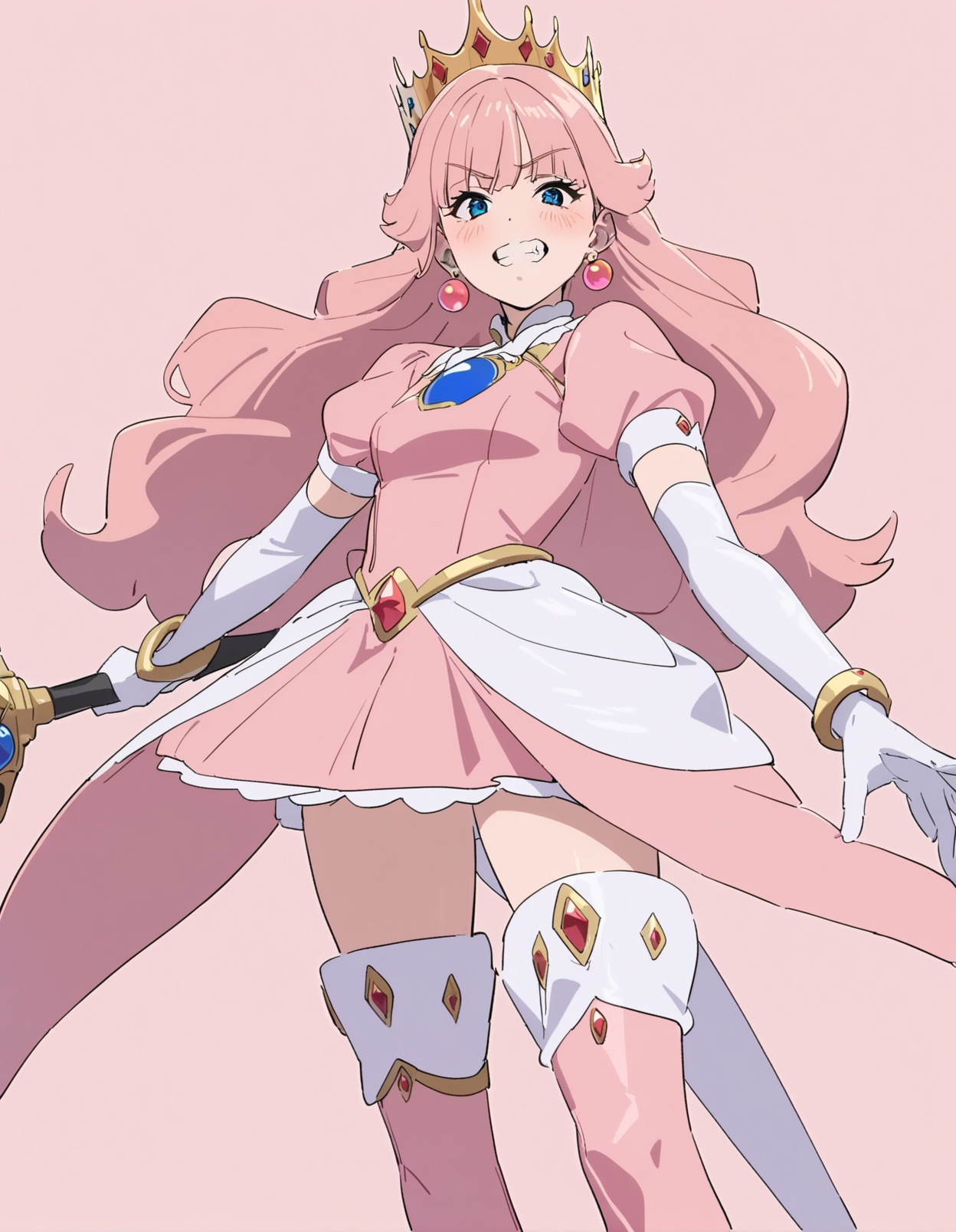 1girl, 
kamo kamen, 
short sleeves, pink hair, bracelet, white gloves, skirt, elbow gloves, jewelry, solo focus, cosplay, thigh boots, earrings, teeth, blue eyes, eyelashes, thighhighs, company connection, crown, holding weapon, pink footwear, blush, simple background, clenched teeth, holding, weapon, crossover, looking at viewer, smile, princess peach \(cosplay\), boots, puffy sleeves, long hair, sphere earrings, pink legwear, puffy short sleeves, gloves, 
masterpiece, best quality, newest
 <lora:kamo_kamen_image373_2024-03-28_a31:1>