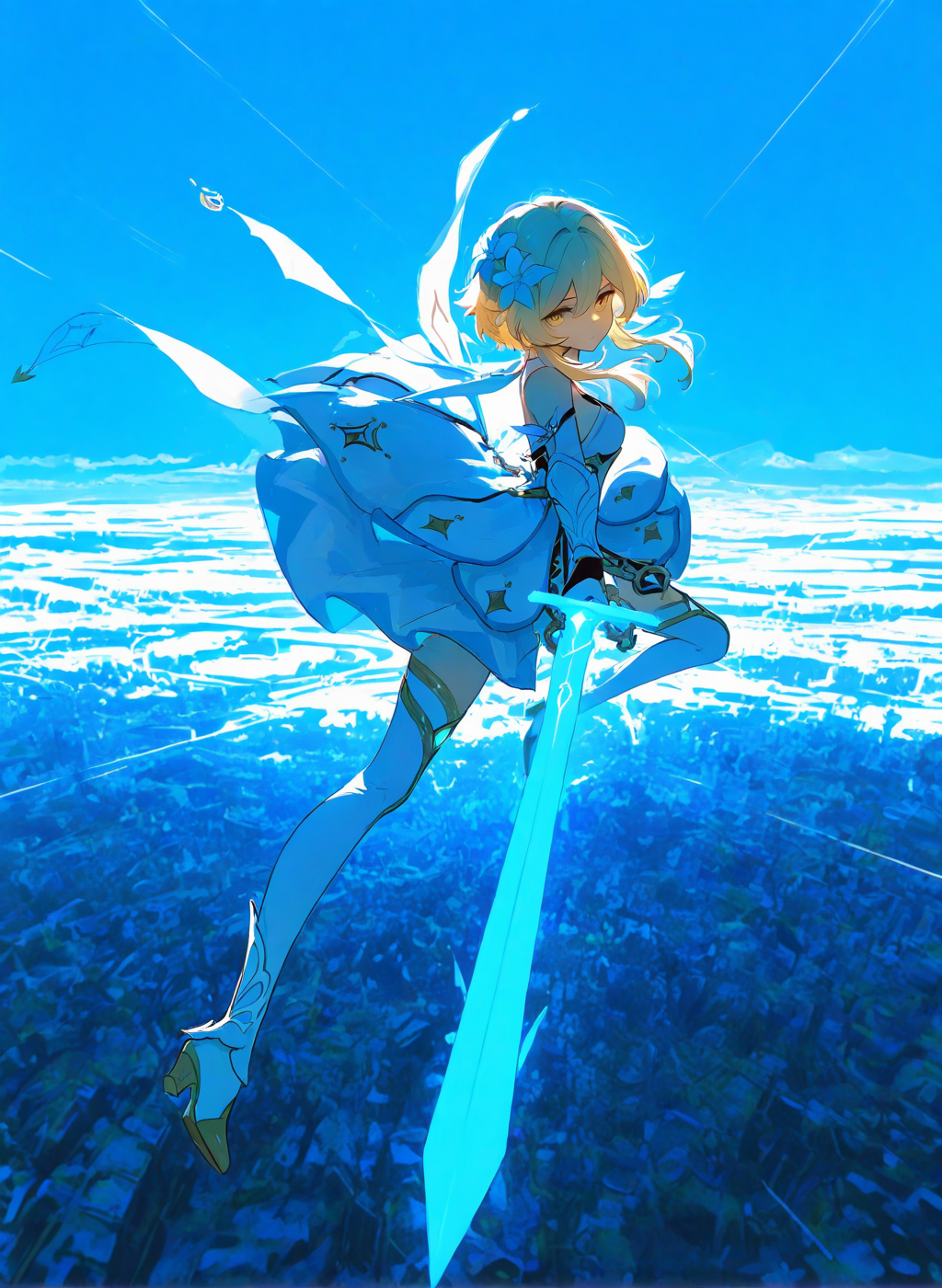 masterpiece, best quality, good quality, very awa, very aesthetic, absurdres, newest,scenery, Dramatic Lighting,dynamic pose, foreshortening, extreme perspective,
1girl, lumine (genshin impact), looking at viewer,holding sword, blue sky, , 
<lora:ponyv4_noob1_2_adamW:0.4>  <lora:USNR_STYLE_ILL_V1_lokr3:0.5>  <lora:748cmSDXL:0.7> ,usnr <lora:Dramatic Lighting Slider:3> <lora:DynamicPoseIL2att_alpha1.0_rank4_noxattn_900steps:0.7>