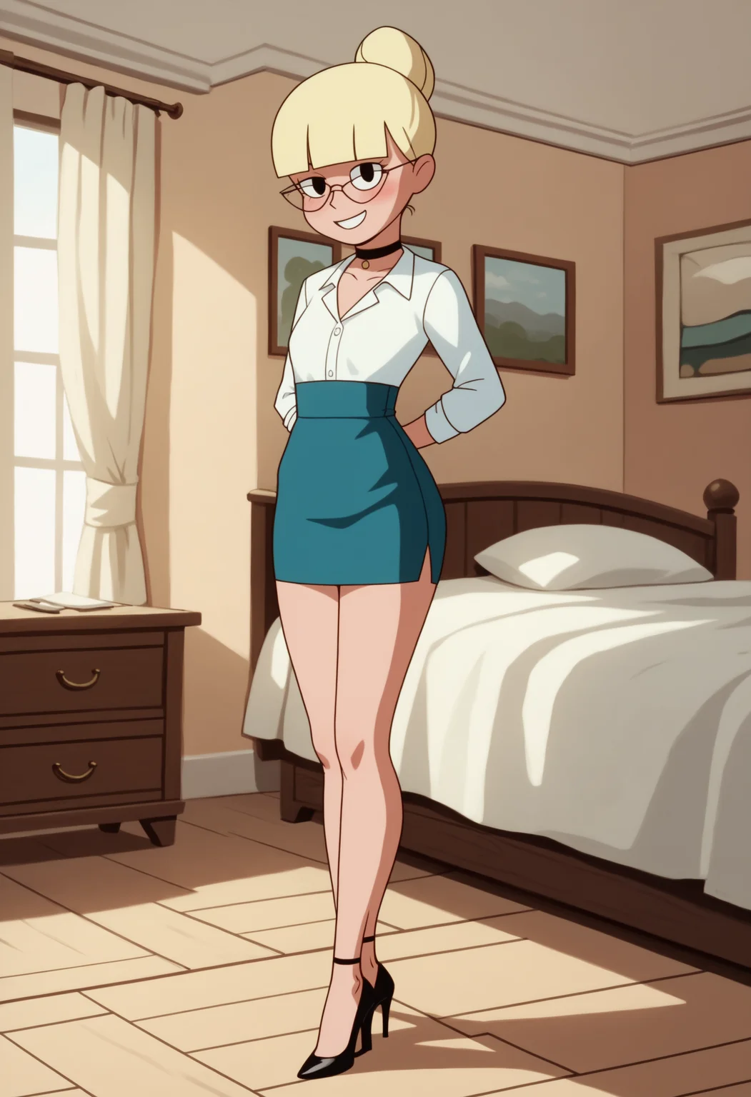 score_9, score_8_up, score_7_up, score_6_up, score_5_up, 1girl, solo, full body, rating_safe,
<lora:Mary Dahl Mature - Baby Doll (Batman the Animated Series - BTAS):1>
Mary_Dahl_Mature, (very short, short), black eyes, glasses, blonde hair, (singe hair bun), blunt bangs,
short dress, leggings,
choker, high heels, soft smile, blush, slim, small legs, small ears,
high heels,
detailed background, indoors, bedroom,
<lora:add-detail-xl:0.9>
<lora:light:1> neolight