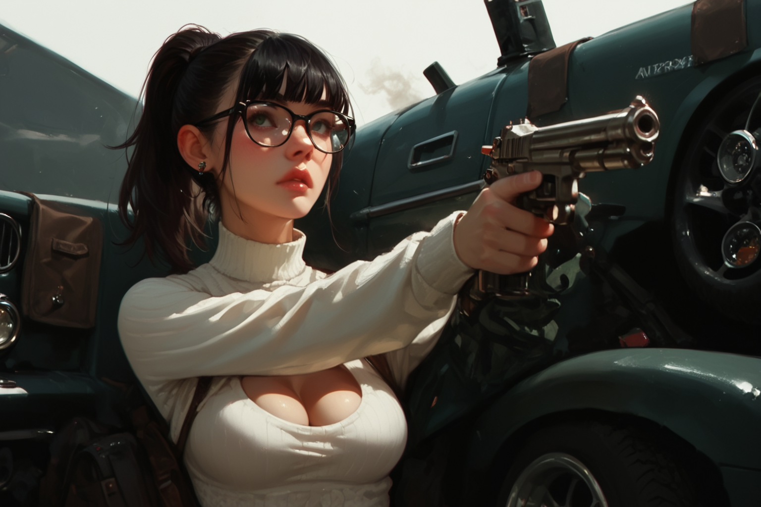 1girl, weapon, gun, black hair, handgun, holding weapon, solo, holding gun, holding, smoke, clothing cutout, , , finger on trigger, ponytail, upper body, glasses, aiming, car, , motor vehicle,  long sleeves, breasts, zPDXL3, detailxl,  Score_PnyReal,