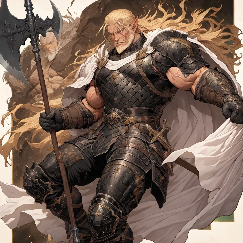 masterpiece, best quality, newest, absurdres, highres, INCV1.0
1boy, manly, elf, beard, muscular male, blonde, blonde hair, pointy ears, scar, scar on face, armor, cape, chestplate, chest armor, black armor, black leather, white cape,
dynamic pose, polearm, holding polearm, holding weapon, weapon, halberd, holding halberd