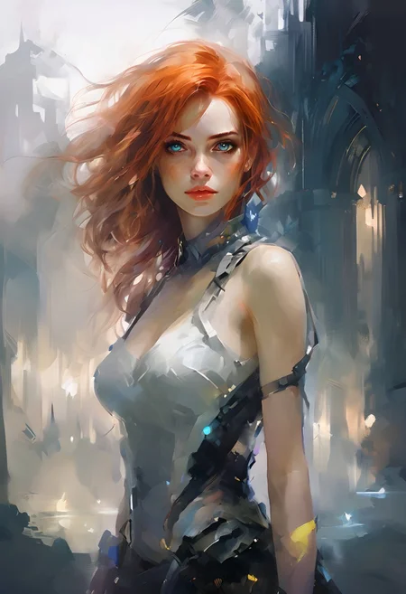 A woman with Red hair and Luminous eyes looks at the camera, Beautiful picture of the character, character portrait, character portrait, 🤤 Charlie Bowater character art, epic portrait illustration, подробный character portrait, neo-artcore and Charlie Bowater, high quality portrait, fantasy concept art portrait, detailed matte fantasy portrait, charlie bowater art style, Detailed beautiful portrait, fantasy art portrait
