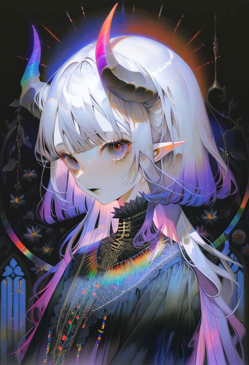 by yogisya  pale demon girl , prismatic coloring, holographic vibe, chromatic black lace blouse, gothic background, (long straight horns:1.2)
