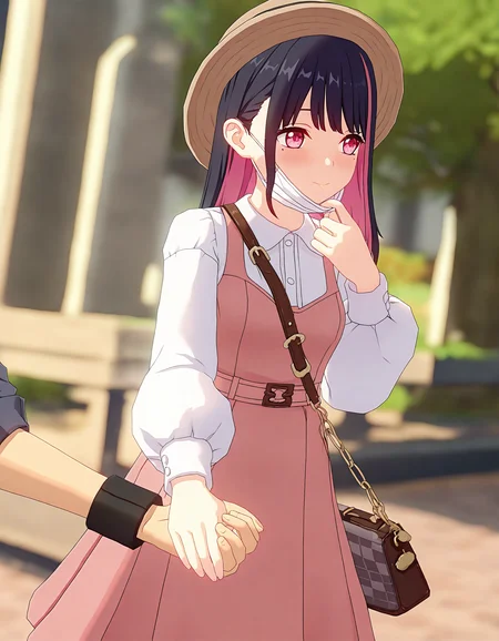 masterpiece,best quality,<lora:genshin_noob1:0.8>,genshinstyle, holding hands, colored inner hair, 1girl, blush, long hair, èç, multicolored hair, hat, pink hair, long sleeves, dress, mouth mask, bag, shirt, solo focus, black hair, two-tone hair, bangs, white shirt, handbag, mask pull, pink eyes, collared shirt, shoulder bag, brown headwear, mask around neck, closed mouth, pinafore dress, cowboy shot, mole, blurry background, blurry, looking away