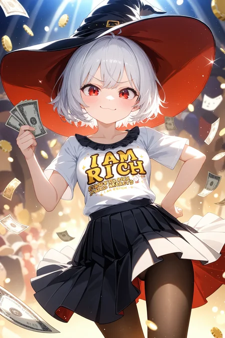 1girl, solo, cute, white short hair, red eyes, wizard hat, close-up, dynamic angle, smug face, :3, (drooling:0.6), ("I AM RICH":1.2) printed shirt, pleated long skirt, pantyhose, holding bills, hand on own hip, floating, scattered bills, gambling, crowd, light particles, sparkles, depth of field, masterpiece, best quality, masterpiece, best quality