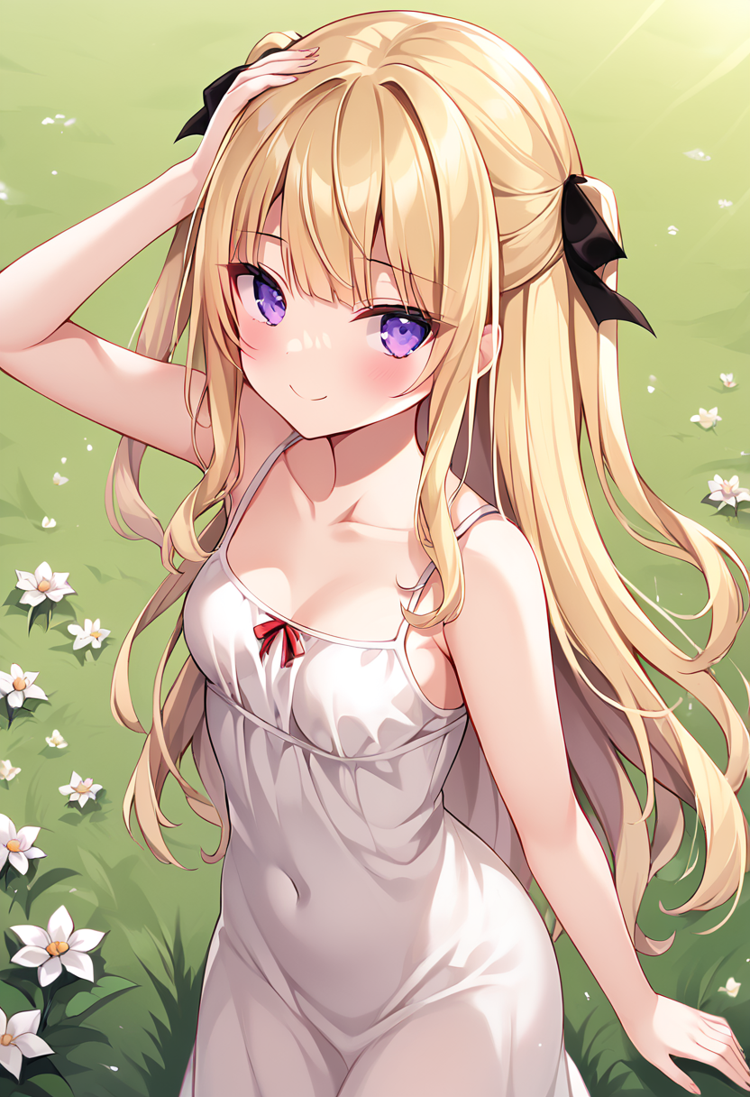 aria_tsukushi, long hair, blonde hair, two side up, purple eyes, small breasts, petite, white dress, purple hair tie BREAK outdoors,grass of field, flower, sunset BREAK sexy pose, looking at viewer, sexy smile, adorable face, cowboy shot, dynamic pose, hand near head BREAK score_9, score_8_up, score_7_up, source_anime ,zPDXL, perfect hand, <lora:Aria:0.8>,