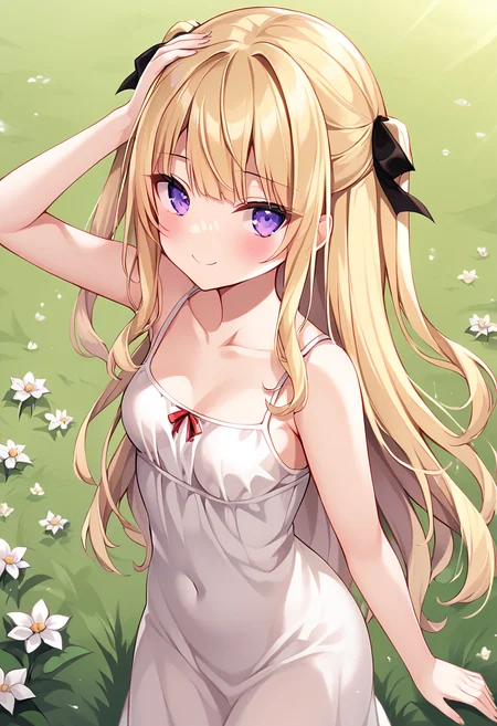 aria_tsukushi, long hair, blonde hair, two side up, purple eyes, small breasts, petite, white dress, purple hair tie BREAK outdoors,grass of field, flower, sunset BREAK sexy pose, looking at viewer, sexy smile, adorable face, cowboy shot, dynamic pose, hand near head BREAK score_9, score_8_up, score_7_up, source_anime ,zPDXL, perfect hand, <lora:Aria:0.8>,