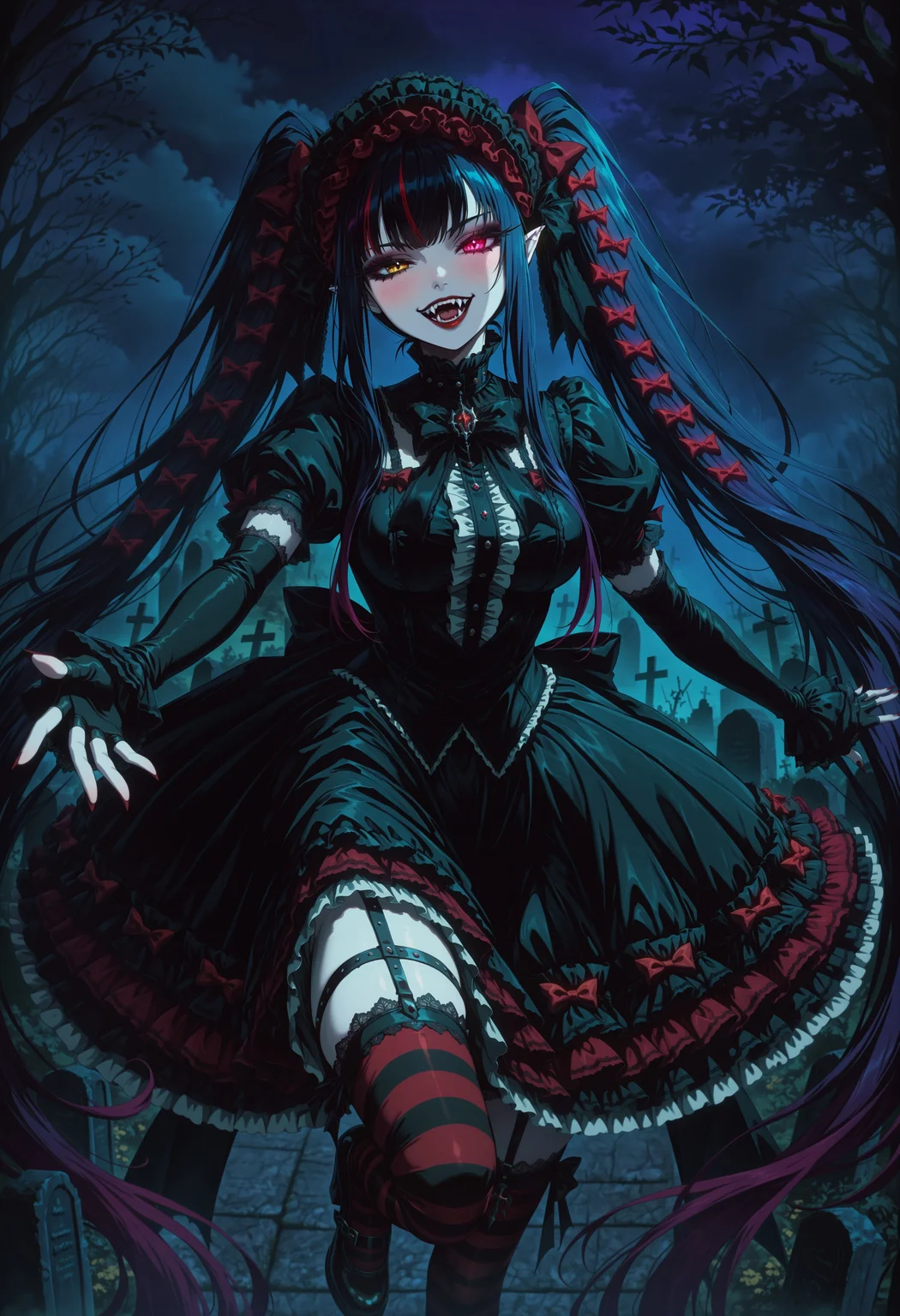 GOTAV1.0, 1girl, pale skin, dark hair, heterochromia, long twintails, gothic twintails, hair bows, multiple hair bows, very long hair, gradient hair, multicolored hair, streaked hair, masterpiece, best quality, absurdres, medium breasts,
(gothic theme, lolitafashion:1.2), gothic lolitafashion, gothiclolita, gothic lolitadress, victorian dress, gothic, dark, moody, puffy dress, petticoat, puffy sleeves, dark colors, frilled skirt, gothic thighhighs, striped thighhighs, gothic dress, white shirt, elbow gloves, gothic headdress, many bows, multiple bows, frills, frilled fabric, center frills, gothic lolitashoes,
red lipstick, red lips, long eyelashes, eyeshadow, eyeliner, mascara, blush, gothic makeup, red nails,
outdoors, nature, graveyard, tombstones, night, dark environment, fog, bats, 
solo, standing on one leg, cowboy shot, dynamic pose, looking at viewer, half-closed eyes, open mouth, vampire fangs, fangs, smile, cute fangs, outstretched arms, foreshortening, reaching towards viewer, glowing red eye,
intricate, highly detailed, majestic, shallow depth of field, movie still, circular polarizer