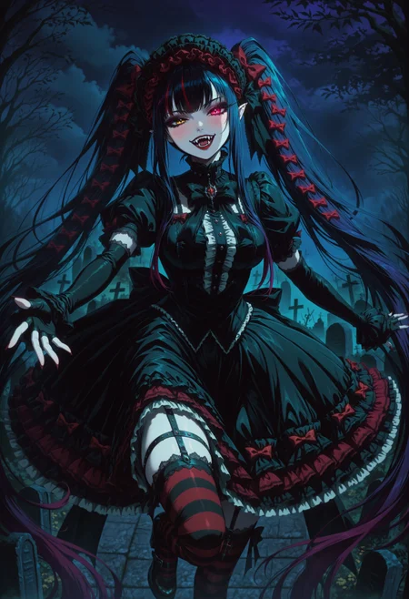 GOTAV1.0, 1girl, pale skin, dark hair, heterochromia, long twintails, gothic twintails, hair bows, multiple hair bows, very long hair, gradient hair, multicolored hair, streaked hair, masterpiece, best quality, absurdres, medium breasts,
(gothic theme, lolitafashion:1.2), gothic lolitafashion, gothiclolita, gothic lolitadress, victorian dress, gothic, dark, moody, puffy dress, petticoat, puffy sleeves, dark colors, frilled skirt, gothic thighhighs, striped thighhighs, gothic dress, white shirt, elbow gloves, gothic headdress, many bows, multiple bows, frills, frilled fabric, center frills, gothic lolitashoes,
red lipstick, red lips, long eyelashes, eyeshadow, eyeliner, mascara, blush, gothic makeup, red nails,
outdoors, nature, graveyard, tombstones, night, dark environment, fog, bats,
solo, standing on one leg, cowboy shot, dynamic pose, looking at viewer, half-closed eyes, open mouth, vampire fangs, fangs, smile, cute fangs, outstretched arms, foreshortening, reaching towards viewer, glowing red eye,
intricate, highly detailed, majestic, shallow depth of field, movie still, circular polarizer