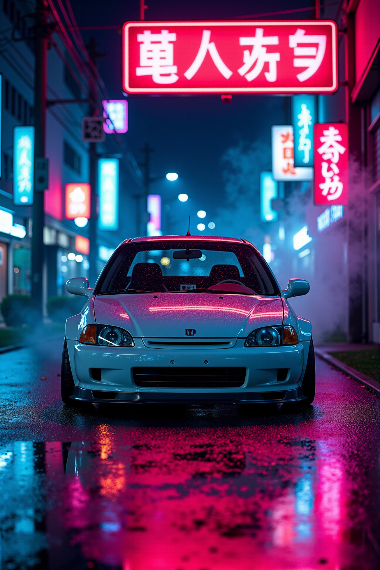 <lora:Honda_Civic_Type-R_EK9:1.0> Honda Civic Type-R EK9. 
In a twilight-soaked Tokyo alley, the (Honda Civic Type-R EK9 from '90) sits poised beneath a canopy of glowing neon kanji signs, their reflections dancing across its Championship White paint like electric veins. The wet pavement mirrors its aggressive front fascia, flared arches, and low-slung spoiler, framed in a dramatic low-angle shot from the rear three-quarter view. Ambient fog weaves through the scene, illuminated by passing light rails and street-level signage in vivid magentas and cyan blues. This urban nightscape exudes high-octane energy, enhanced with cinematic lens flares and stylized reflections that exaggerate the cityâs pulse, while subtle film grain evokes a gritty, streetwise aesthetic inspired by 90s JDM racing culture with a hyperreal photorealistic finish.  (A mirror-like, ultra-gloss finish of the car produces vivid, sparkling glints of light across its surface:1.1).
