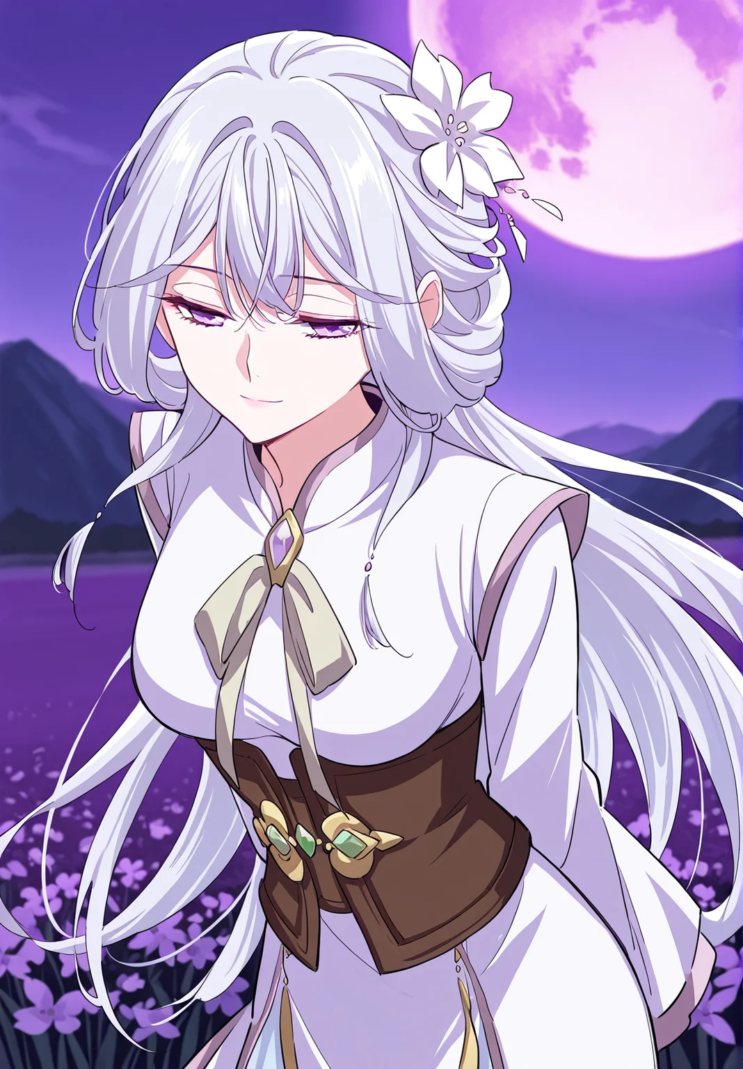 <lora:Chu_Qingcheng__Demon_Emperor__Illustrious:1>
1 girl, solo, long hair, white hair, layered hairstyle, side-swept bangs, flower hair ornament, hair flower, purple eyes,
chinese clothes, white long dress, gold-trimmed dress, brown corset, emerald gem, gem brooch, front bow, long sleeves
score_9, score_8_up, score_7_up, very aesthetic, source_anime, detailed, high quality, beautiful, masterpiece, detailed eyes, field, blurry background, pose dynamic angle, upper body, cowboy shot, light smile, floating hair, half-closed eyes, hands behind back, leaning forward, looking forward, looking at viewer, purple moon, purple sky, night,
