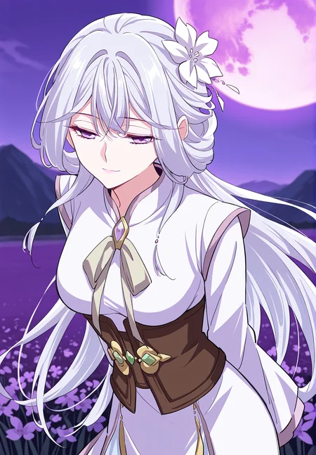 <lora:Chu_Qingcheng__Demon_Emperor__Illustrious:1>
1 girl, solo, long hair, white hair, layered hairstyle, side-swept bangs, flower hair ornament, hair flower, purple eyes,
chinese clothes, white long dress, gold-trimmed dress, brown corset, emerald gem, gem brooch, front bow, long sleeves
score_9, score_8_up, score_7_up, very aesthetic, source_anime, detailed, high quality, beautiful, masterpiece, detailed eyes, field, blurry background, pose dynamic angle, upper body, cowboy shot, light smile, floating hair, half-closed eyes, hands behind back, leaning forward, looking forward, looking at viewer, purple moon, purple sky, night,