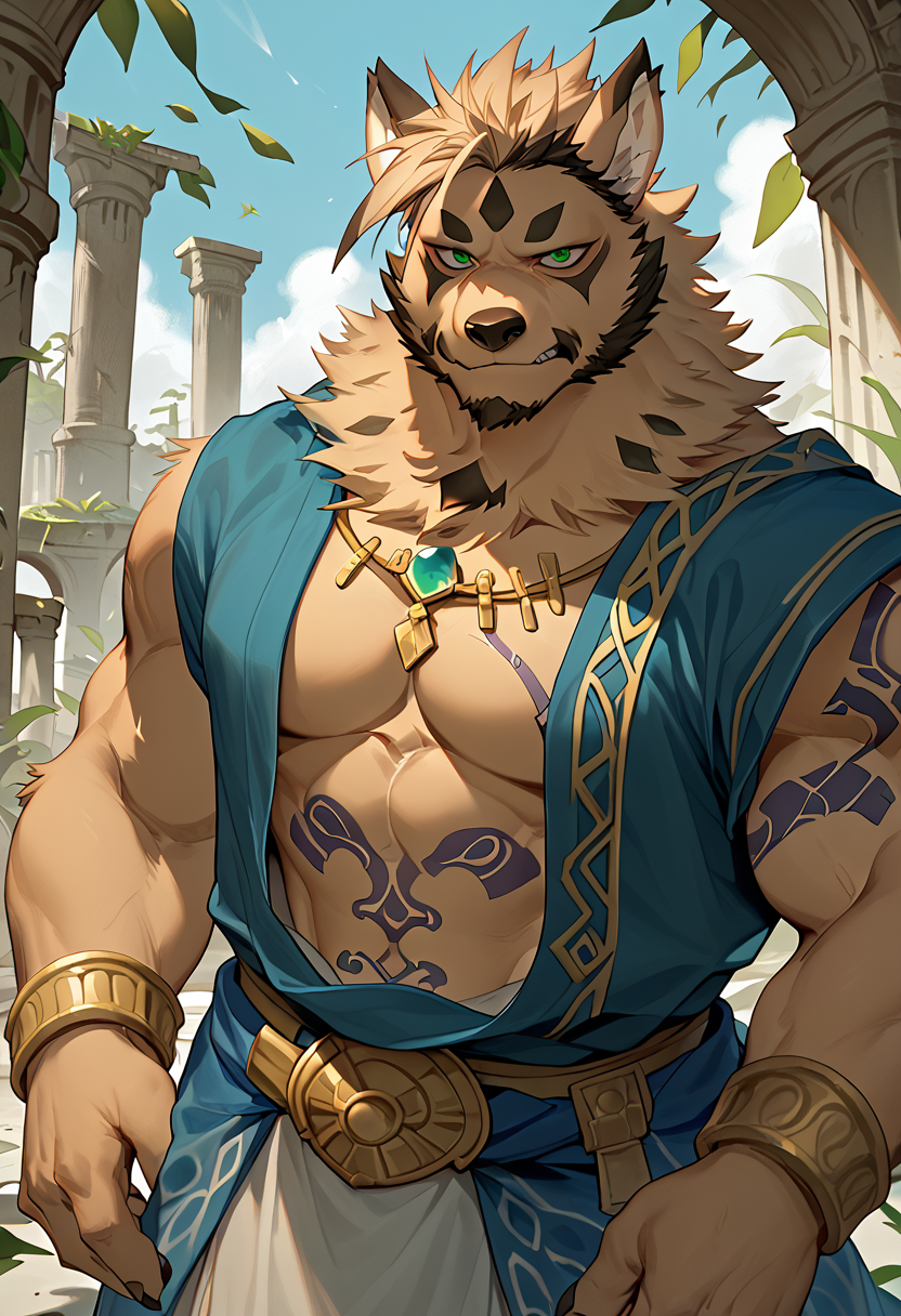 score_9, score_8_up, score_7_up, high quality, hires, 4K, solo, zacharoff, anothereidosr, furry, bara, green eyes, perfecteyes, muscular, large pectorals, tattoo, looking at viewer, greek ruins, <lora:Zacharoff_AnotherEidos_R:1>, <lora:PerfectEyesXL:1>