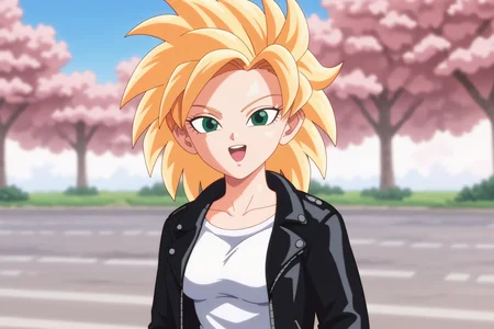 source_anime, score_9, score_8_up, score_7_up, anime screencap, absurd res,
gine, official style, super saiyan, 1girl, solo, breasts, looking at viewer, blonde hair, long sleeves, upper body, outdoors, blurry, green eyes, happy, blurry background, spiked hair, street, leather jacket, white shirt, smile, fingernails, eyelashes, collarbone, arms at sides, upper teeth, jeans, cherry blossom tree, day, blue sky
 <lora:Gine_v1:0.8>