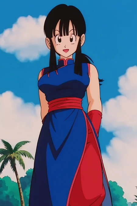 source_anime, score_9, score_8_up, score_7_up, anime screencap,8k, absurdres,
chi-chi, aged up, 1girl, solo, long hair, breasts, looking at viewer, smile, open mouth, bangs, black hair, blue dress, standing, ponytail, :d, sidelocks, outdoors, sky, sleeveless, day, cloud, blunt bangs, black eyes, tree, blue sky, smile, eyelashes, chinese clothes, cloudy sky, red wristband, china dress, red sash,
<lora:chichidb_pony_v2:0.8>