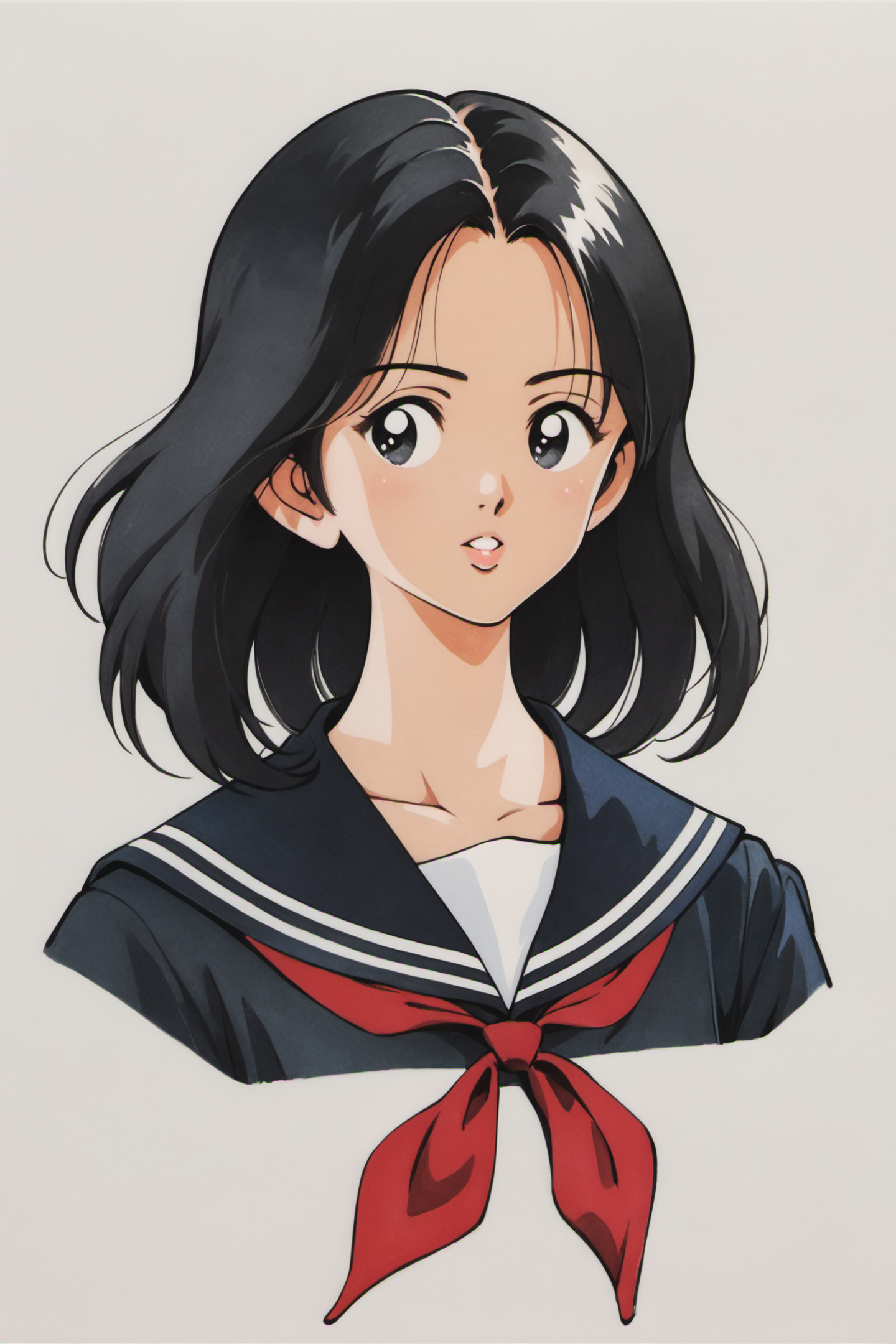 1girl,solo,black hair,red neckerchief,neckerchief,upper body,black sailor collar,sailor collar,school uniform,black shirt,simple background,serafuku,shirt,white background,black serafuku,parted lips,traditional media,medium hair,black eyes,cropped torso,score_9,score_8_up,<lora:Adachi_XL_PONY:0.9>,