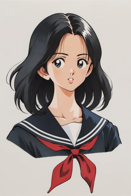 1girl,solo,black hair,red neckerchief,neckerchief,upper body,black sailor collar,sailor collar,school uniform,black shirt,simple background,serafuku,shirt,white background,black serafuku,parted lips,traditional media,medium hair,black eyes,cropped torso,score_9,score_8_up,<lora:Adachi_XL_PONY:0.9>,