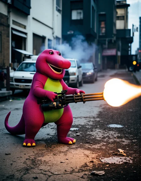 Imagine an image in the style of cinematic photorealism: Barney the Dinosaur stands in the middle of a war-torn urban battlefield, gripping a man portable M134 Minigun in a firing from the hip stance. The M134 Minigun is held low, level with his hip, slung and tucked into his hip, its rotating barrels mounted beneath a sturdy frame, spinning at full speed, unleashing a blinding torrent of long conical muzzle flashes and bullet tracers. The trigger and front handle are positioned on top of the frame, requiring the user to grip from above, securing control over the immense recoil. A large drum and belt-fed ammunition system are mounted behind the barrels, feeding directly into the M134 Minigun as spent casings rain onto the cracked pavement. His right hand grips the rear handle near the trigger, while his left hand steadies the forward handle atop the frame, bracing against the overwhelming force. His stance is slightly leaned back, compensating for the sheer power of the rotary cannon, as the glow of gunfire illuminates his battle-hardened expression. Smoke and destruction engulf the background, with crumbling buildings and flickering fires framing the chaos of war.