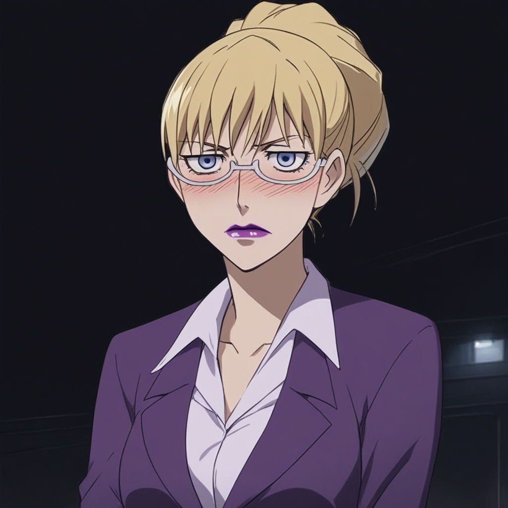 score_9, score_8_up, score_7_up, source_anime, expressive, anime, Artist speedlines, dynamic, D4RK3RTH4NBL4CK, BR1T4, 1woman, (brita_(darker_than_black):1.2), blonde_hair, blue eyes, purple_lips, glasses, business_attire, serious_expression, anime_girl, purple_jacket, white_shirt, tied_hair, female, looking at viewer, facing viewer, bare_legs, high_heels, blush, blushing, embarrassed, dark background, Artist style:komori_takahiro