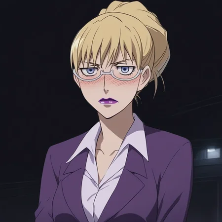 score_9, score_8_up, score_7_up, source_anime, expressive, anime, Artist speedlines, dynamic, D4RK3RTH4NBL4CK, BR1T4, 1woman, (brita_(darker_than_black):1.2), blonde_hair, blue eyes, purple_lips, glasses, business_attire, serious_expression, anime_girl, purple_jacket, white_shirt, tied_hair, female, looking at viewer, facing viewer, bare_legs, high_heels, blush, blushing, embarrassed, dark background, Artist style:komori_takahiro