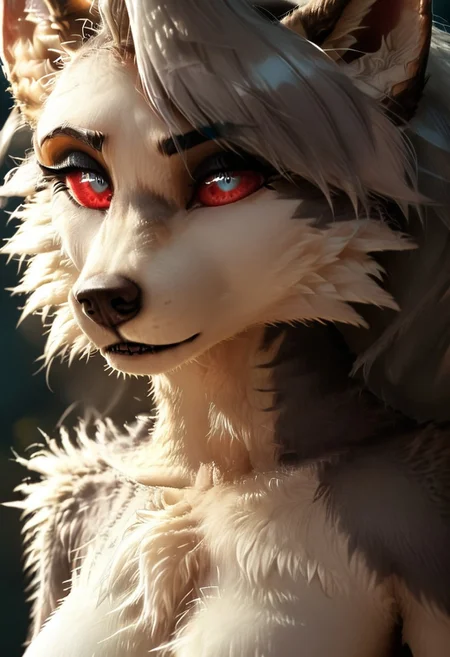 Score_9, loona, helluva_boss, furry, anthro, short hair, grey hair, animal ears, tail, dog girl, wolf girl, animal nose, dog tail, furry female, wolf tail, furry, wolf ears, dog ears, snout, two-tone fur, grey fur, furrification, makeup, fur, fur trim, absurd res, red scelera, sharp focus, <lora:more_details:1.0> detailed background, volumetric lighting, detailed skin, detailed hair, extremely detailed, ultra 8k quality, white iris, high gradient eyes, medium breasts, flat color, dark theme, high definition eyes, fluffynegative, , white snout,
Hyperrealistic, photorealistic, realistic, ultrarealistic, high definition, Fluffy, detailed fur, eyesHD, detailed_eye_model, highres, super high resolution, 8k,