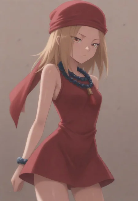 masterpiece, best quality, amazing quality,,, shiny skin,,,,,kojiann, short hair, blonde hair, brown eyes, short dress, sleeveless, bead necklace, red bandana, bracelet, <lora:Anna IXL 2-000013:1>