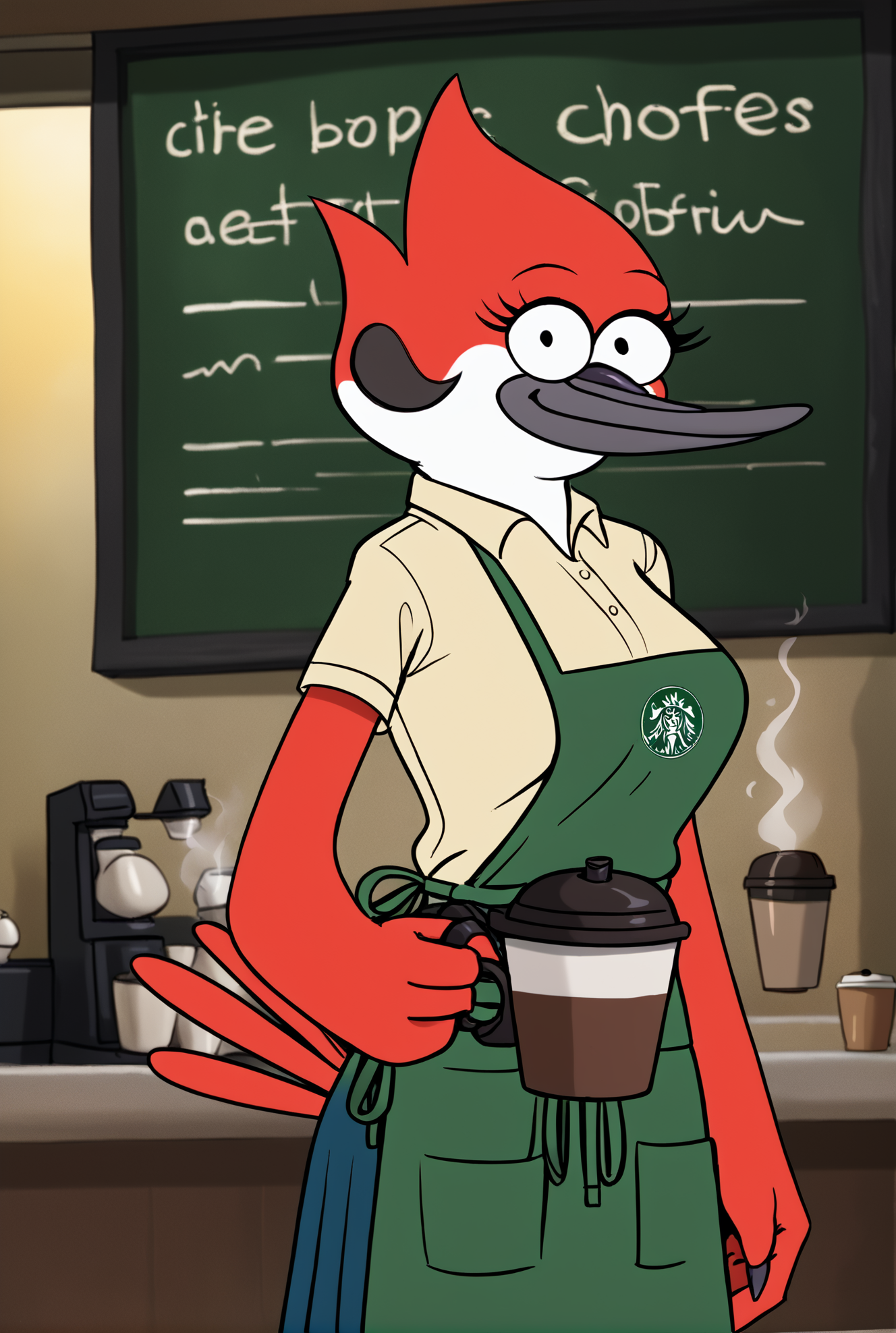 score_9, score_8_up, score_8,
 <lora:Margret_Smith_Regular_Show_for_PonyXL:0.8> 1girl, furry female, m4rgr3t, avian, solo, tail, shirt, skirt, 
parody, source_cartoon,
coffee shop, apron, uniform, smile,