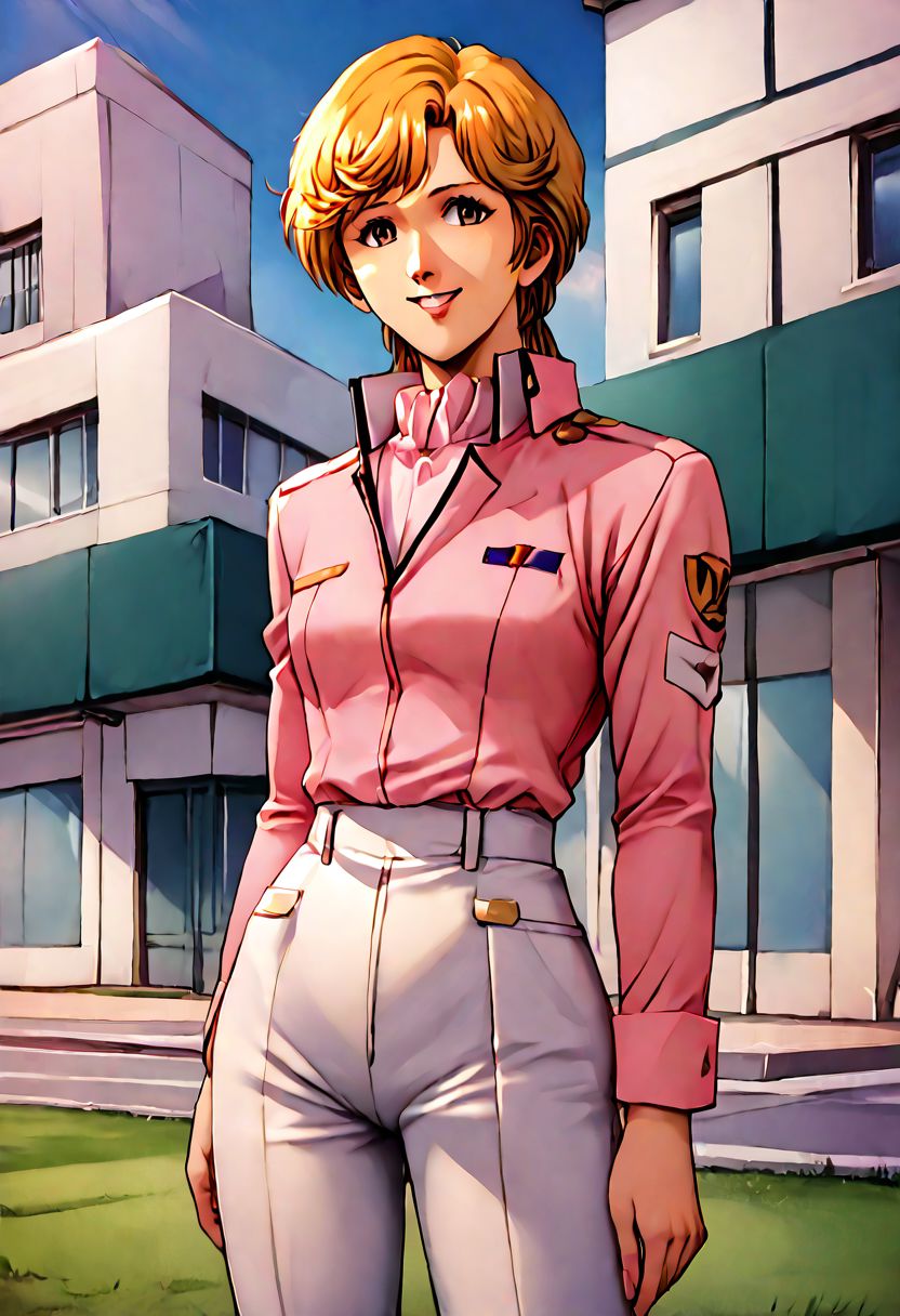 score_9, score_8_up, score_7_up, source_anime,
Frederica
hair ribbon, (best quality) , (highly detailed) ,masterpiece ,absurdres ,detailed face ,beautiful face ,(detailed eyes, deep eyes, anime eyes), 
1girl,solo,female,kawaii,cowboy_shot,pink shirt,shirt,short hat,black jacket,military uniform,white pants,cowboy_shot,hands_on_own_chest,smile,laughing,