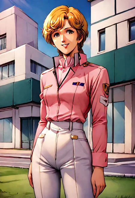 score_9, score_8_up, score_7_up, source_anime,
Frederica
hair ribbon, (best quality) , (highly detailed) ,masterpiece ,absurdres ,detailed face ,beautiful face ,(detailed eyes, deep eyes, anime eyes), 
1girl,solo,female,kawaii,cowboy_shot,pink shirt,shirt,short hat,black jacket,military uniform,white pants,cowboy_shot,hands_on_own_chest,smile,laughing,
