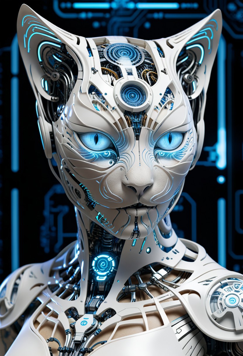 masterpiece, (best quality), official art, extremely detailed cg 8k wallpaper, ((crystalstexture skin)), (extremely delicate and beautiful), highly detailed, WhiteMold, futuristic cyber cat, articulated 3D-printed body, glowing circuit engravings, intricate eye patterns, sci-fi lab, holographic blueprints, highly detailed mechanics