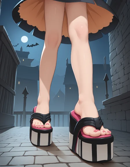 score_9, score_8_up, score_7_up, score_6_up, source_anime,
halloween scene, (from above:0.6), (from side:0.5),
foot focus,
1girl,
standing, feet apart,
dungeon, night dark, fog,
ï»¿lag00na platform flip flops, (platform footwear:1.3), pink toenail polish,
embedding:zPDXLrl ,
embedding:zPDXL2 ,
