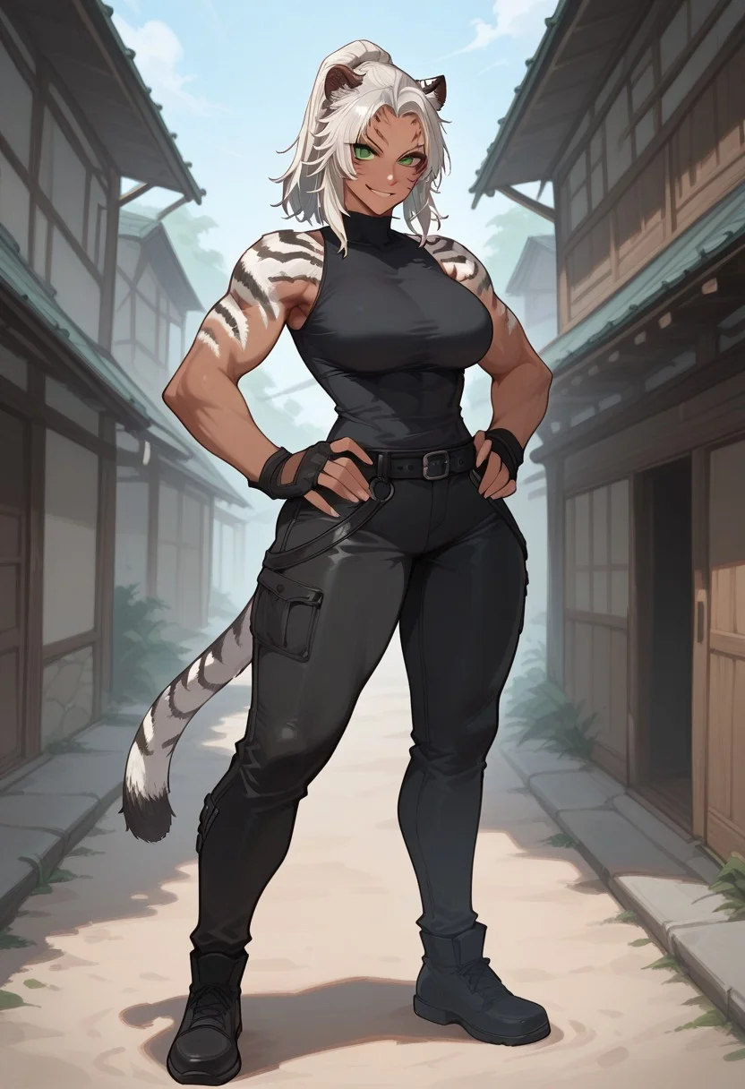score_9, score_8_up, score_7_up, white hair, ponytail, tall female, toned, tiger fur, tiger tail, tail, green eyes, facial marks, tiger ears, large breasts, dark-skinned female, muscular female, sleeveless black shirt, black pants, fingerless gloves, smirk, hands on hip, looking at viewer, full body, village