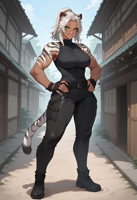 score_9, score_8_up, score_7_up, white hair, ponytail, tall female, toned, tiger fur, tiger tail, tail, green eyes, facial marks, tiger ears, large breasts, dark-skinned female, muscular female, sleeveless black shirt, black pants, fingerless gloves, smirk, hands on hip, looking at viewer, full body, village